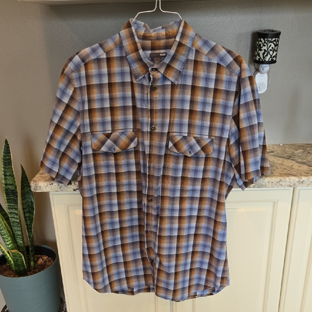 H&M Short-Sleeve Plaid Button-Down Shirt in Blue and Brown XL 100% Cotton